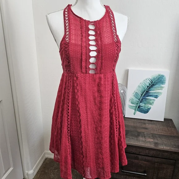 🆕️Free People Wherever You Go Crocheted Mini Dress Rose Red SZ Small - Picture 3 of 14